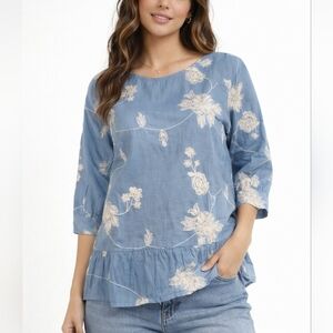 Ces FEMME Icy Blue Floral Embroidered Ruffle Lightweight Blouse